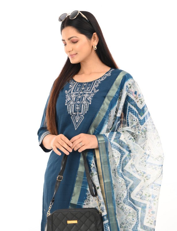 Midnight Teal Embroidered Kurta Set with Printed Dupatta
