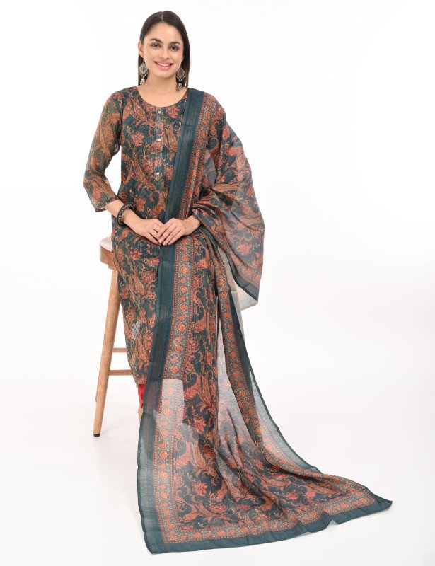 Teal Floral Printed Kurta Set with Brick Red Pants & Dupatta