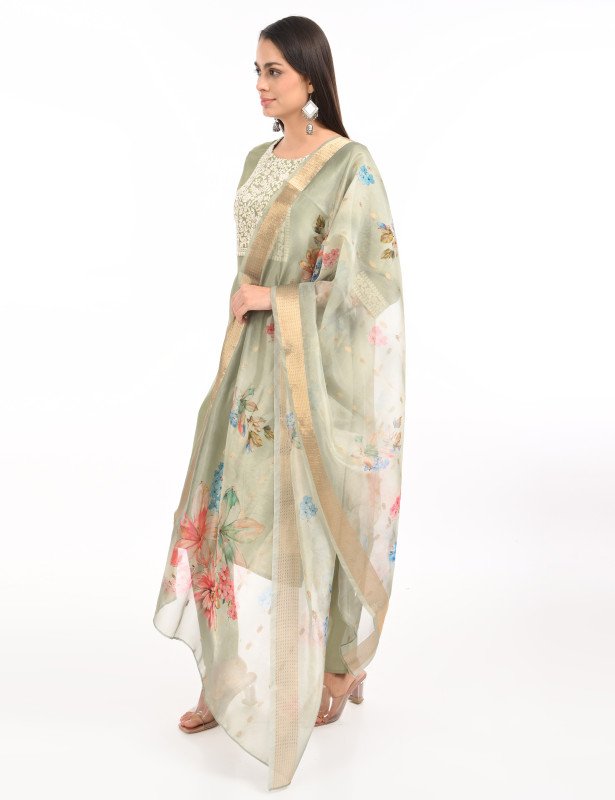 Olive Elegance Embroidered Kurta Set with Organza Floral Dupatta