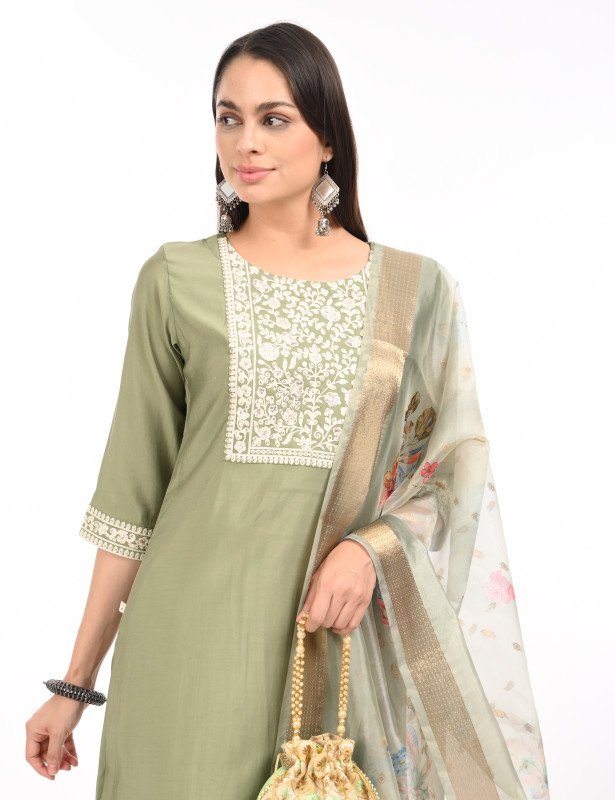 Olive Elegance Embroidered Kurta Set with Organza Floral Dupatta