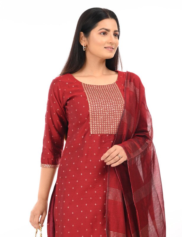 Maroon Elegance Cotton Kurta Set with Dupatta