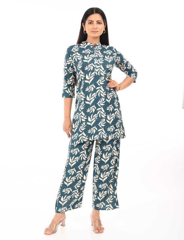 Buy One Get One Offer: Floral Ivory + Teal Leaf Print Cotton Co-ord Set (Pack of 2)