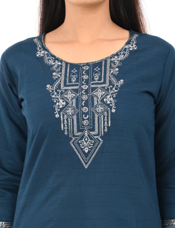 Midnight Teal Embroidered Kurta Set with Printed Dupatta
