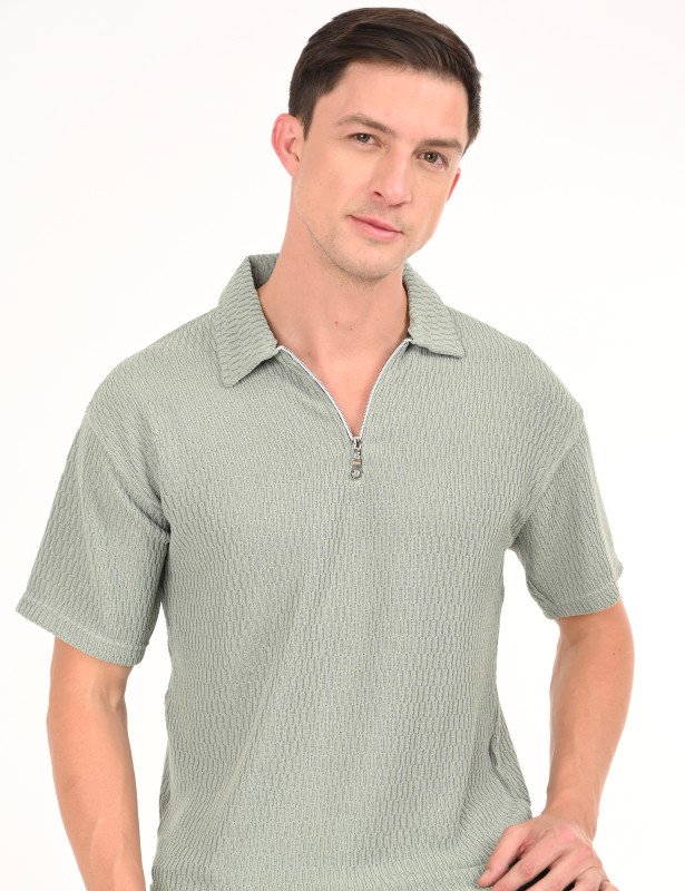Sage Textured Zip Polo Shirt