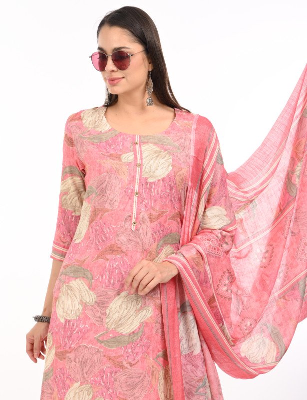 Pink Blossom Handblock Cotton Kurta Set with Dupatta