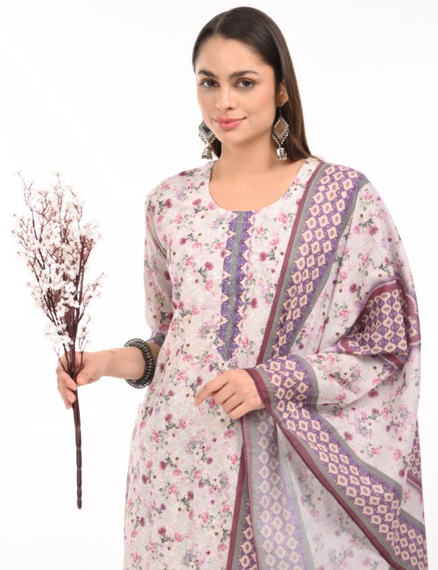 Lilac Meadow Cotton Kurta Set with Dupatta