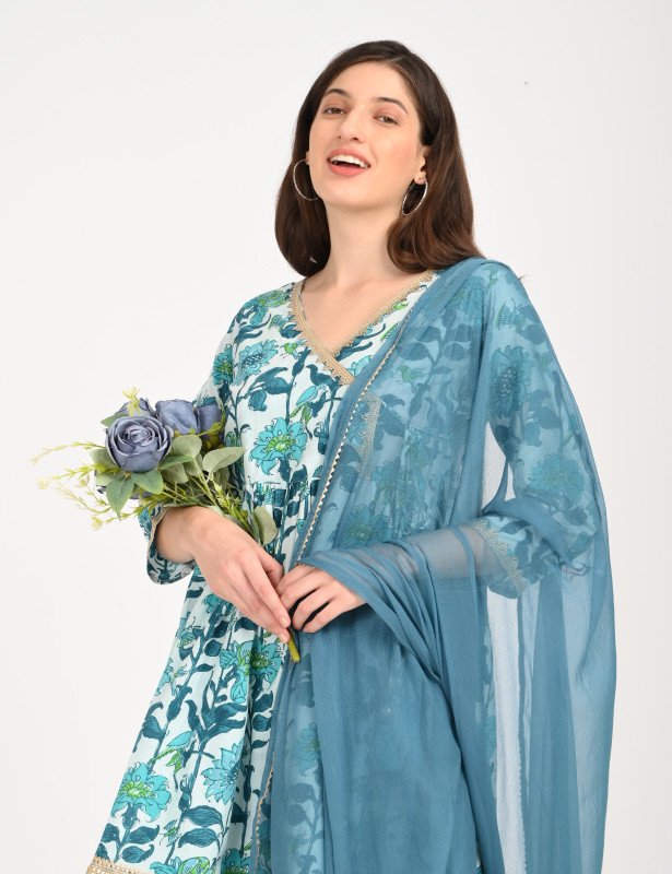 Aqua Bloom Gota Lace Kurta with Sharara & Dupatta Set