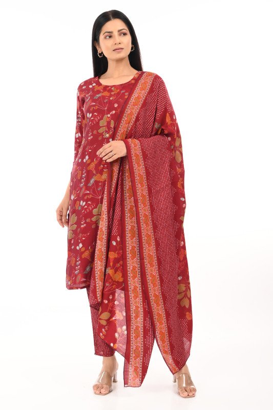 Gulmor Maroon Printed Cotton Kurta Set with Dupatta