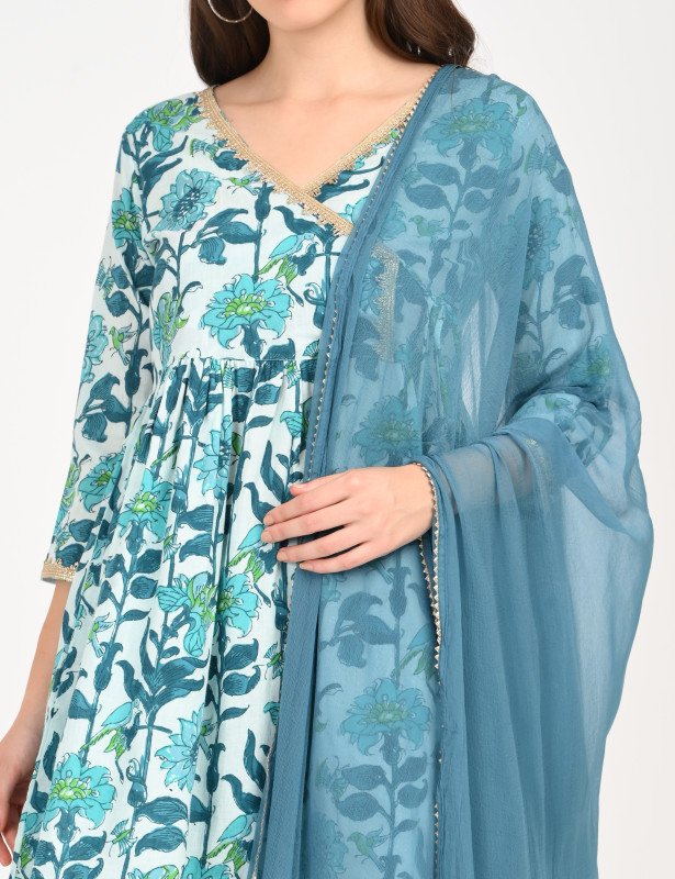 Aqua Bloom Gota Lace Kurta with Sharara & Dupatta Set