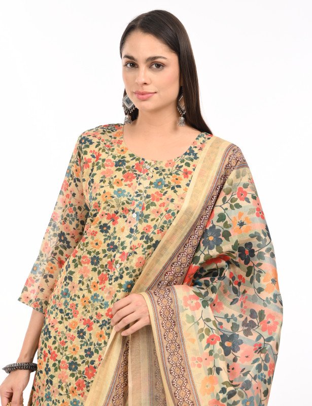 Sunlit Garden Printed Kurta Set with Organza Dupatta