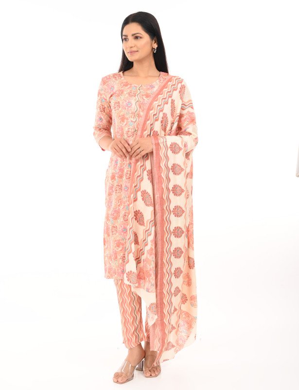 Peach Blossom Floral Printed Kurta Set with Dupatta